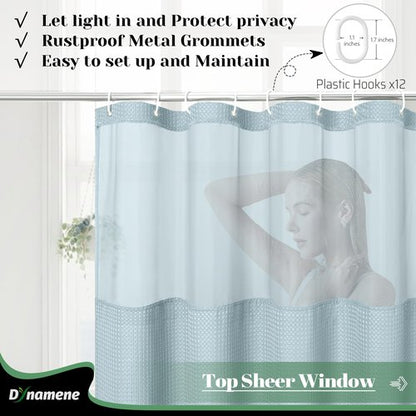 Dynamene 78 Inch Long Shower Curtain, Tall Waffle Fabric Shower Curtains for Bathroom, Hotel Waterproof Cloth Shower Curtain Liner Set with Hooks, Snap in Liner, Mesh Top Window, Fog Blue, 72x78