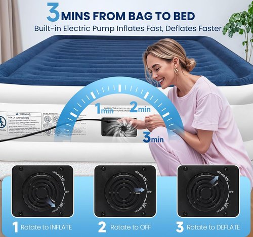 KINGJERRY Queen Air Mattress - 18" Raised Inflatable Bed with Built-In Pump | Leakproof & Comfortable for Home Guests and Camping, Supports 800 lbs