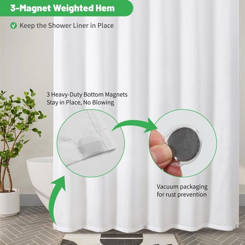 eachope Waterproof Fabric Shower Curtain Liner with 3 Heavy-Duty Magnets - Washable White Shower Liner with Rustproof Grommets,Hotel Quality Lightweight Shower Curtains for Bathroom,72x72 inches