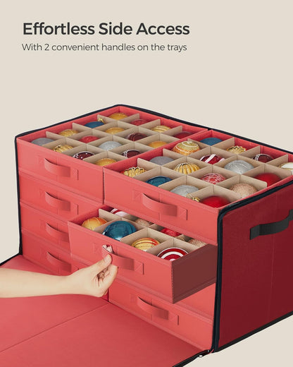 SONGMICS Christmas Ornament Storage Box - Stackable Container with 128 Slots & Lid - Cherry Red, 600D Oxford