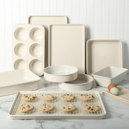 Martha Stewart Gallen 10-Piece Non-Toxic Ceramic Baking Pans Set | PFA-Free Non-Stick Bakeware - Linen White
