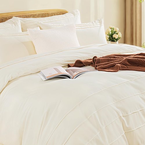 NEXHOME PRO 100% Organic Cotton Duvet Cover Full,Linen Like Pleated Textured Ivory Duvet Cover Set,3pc Bedding Set with Zipper Closure, Soft,Lightweight and Breathable (80"x90", No Comforter)