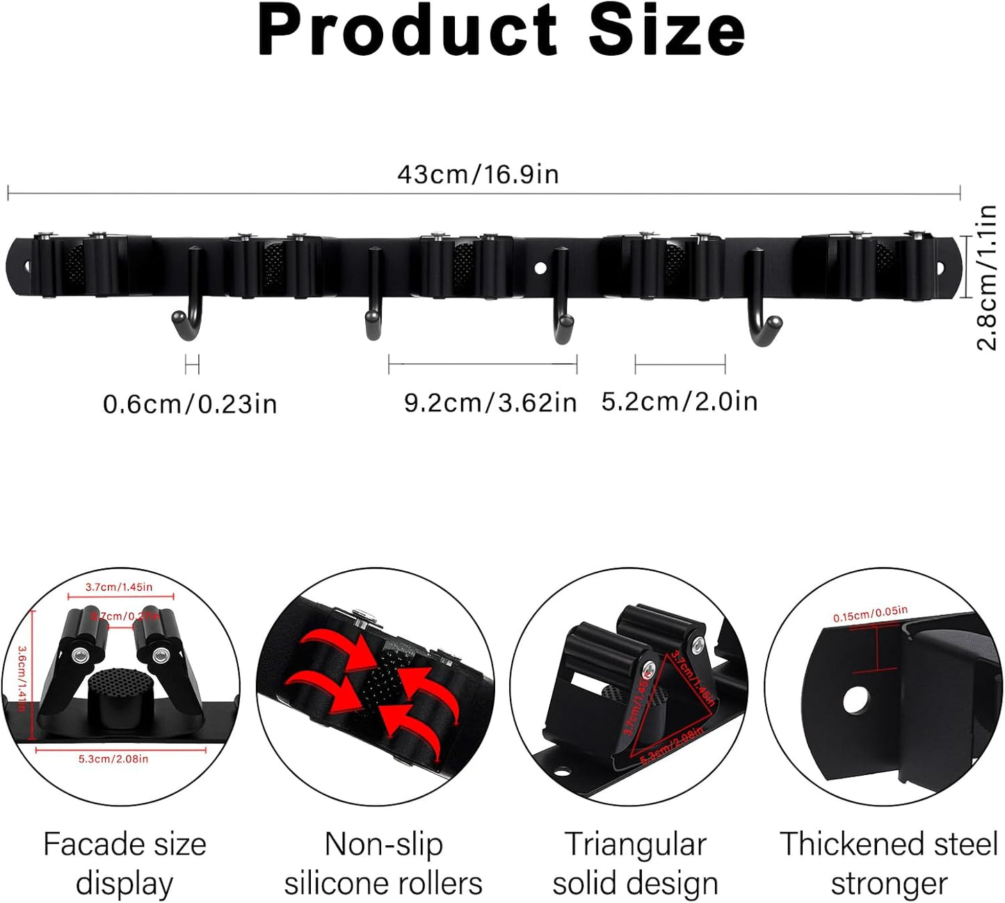 Skiennix Mop and Broom Holder - Heavy Duty Wall Mount Organizer with 5 Racks & 4 Hooks | Non-Slip Storage Solution for Home & Garage