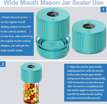 Skiennix Electric Mason Jar Vacuum Sealer Kit - Ideal for Wide & Regular Mouth Jars - Green