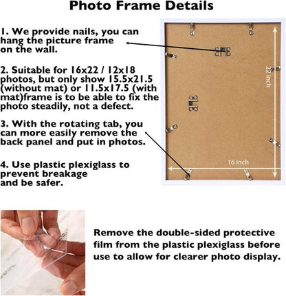 JCJMY 16x22 Picture Frame - Display 12x18 Photos with Mat or 16x22 Without - White Wall Hanging