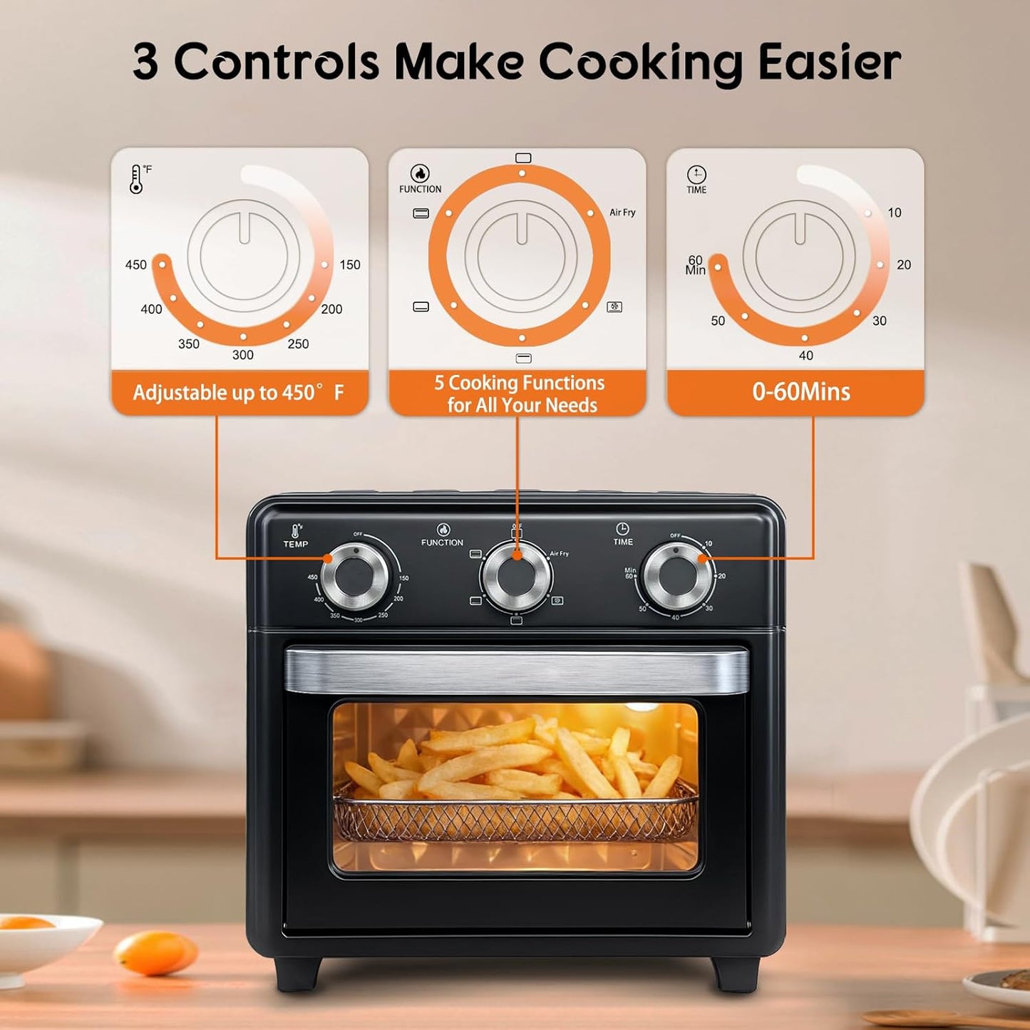 Skiennix 10QT Air Fryer Toaster Oven Combo - 5-in-1 Cooking Functions | 3-Layer Design with Visible Window