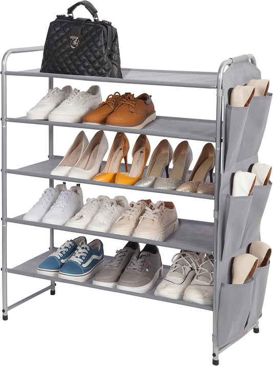 Storage Maniac 5-Tier Shoe Rack - 23-Pair Metal Organizer with Side Pockets | Compact Grey Storage Solution