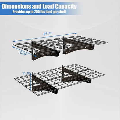 Garage Shelving | Wall Mounted Heavy Duty Set of 2 - 2 x 4 ft Floating Storage Rack, Max Load 250 lbs, Black