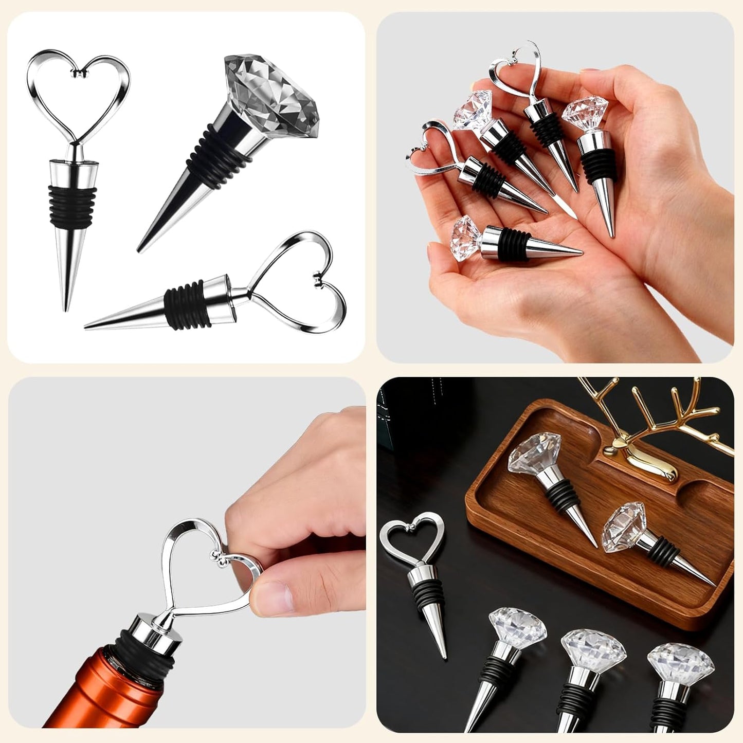 Wine stopper wine bottle stopper 3 piece mix set reusable wine bottle stopper wine drink bottle stopper long-lasting fresh decoration (3 piece set love, crystal)