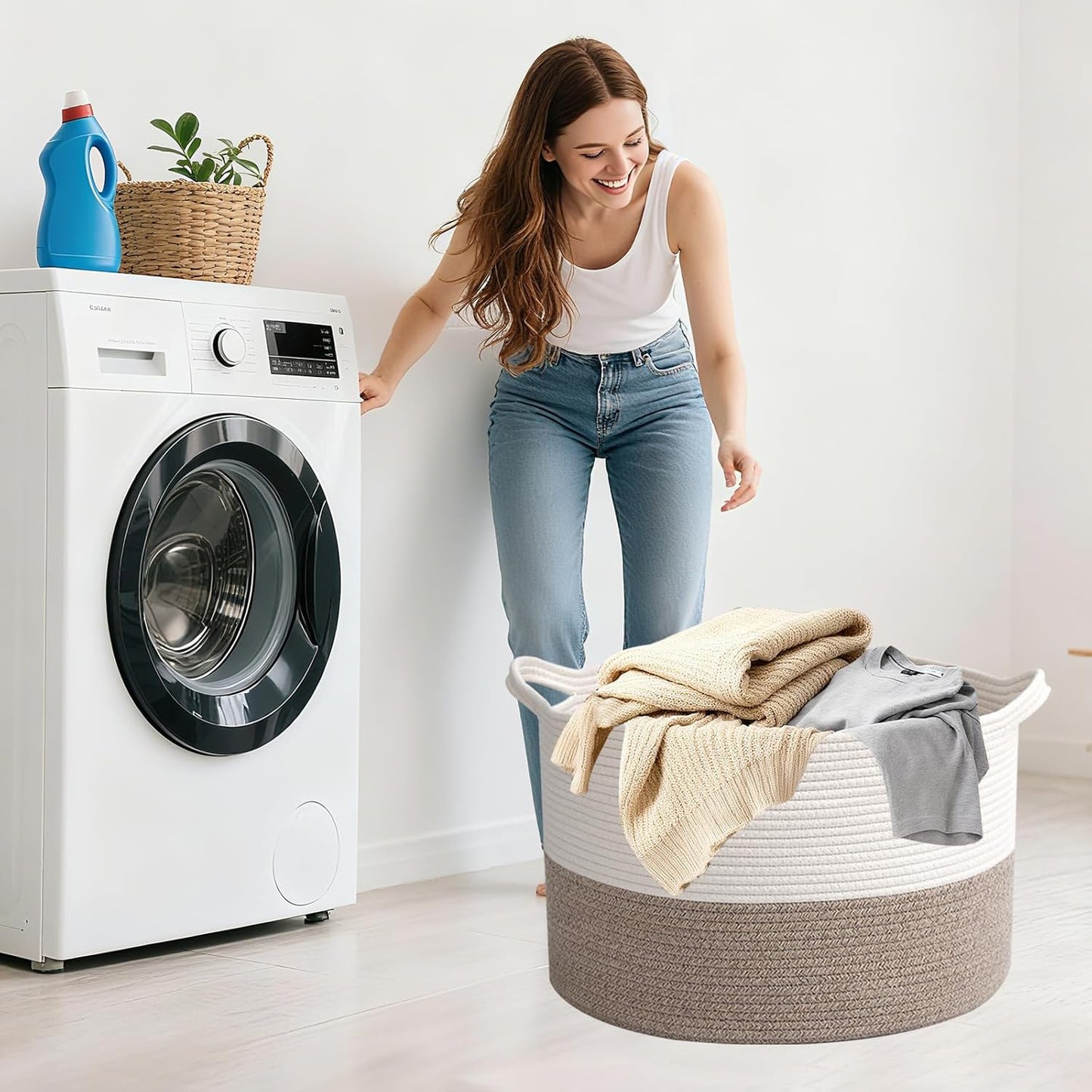 Skiennix 65L Large Woven Cotton Rope Basket - Stylish Laundry Hamper for Bedroom & Living Room | White & Brown