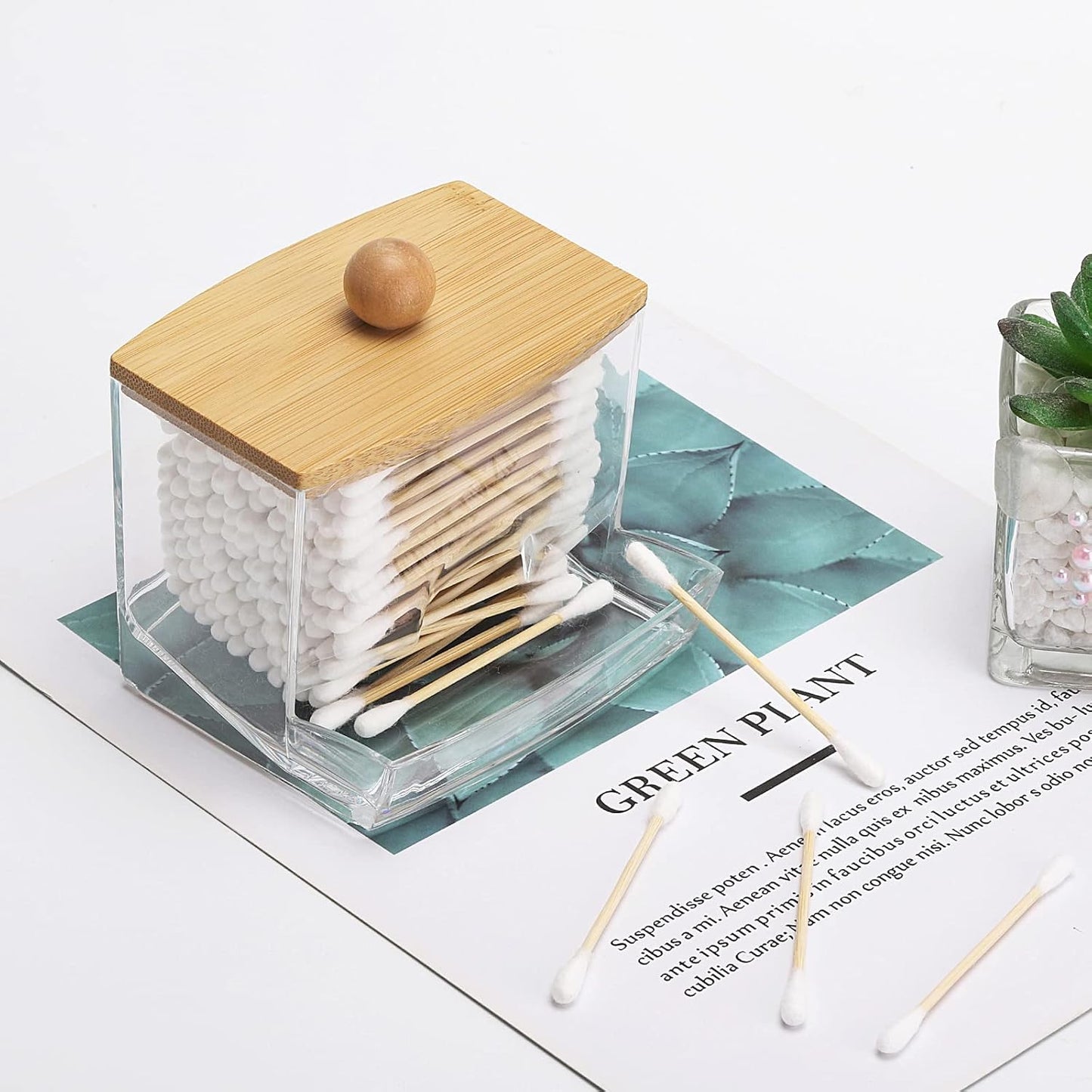 Tbestmax Qtip Holder Dispenser - 10oz Clear Bathroom Organizer with Bamboo Lid for Cotton Swabs & Balls