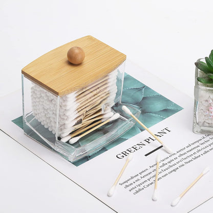 Tbestmax Qtip Holder Dispenser - 10oz Clear Bathroom Organizer with Bamboo Lid for Cotton Swabs & Balls