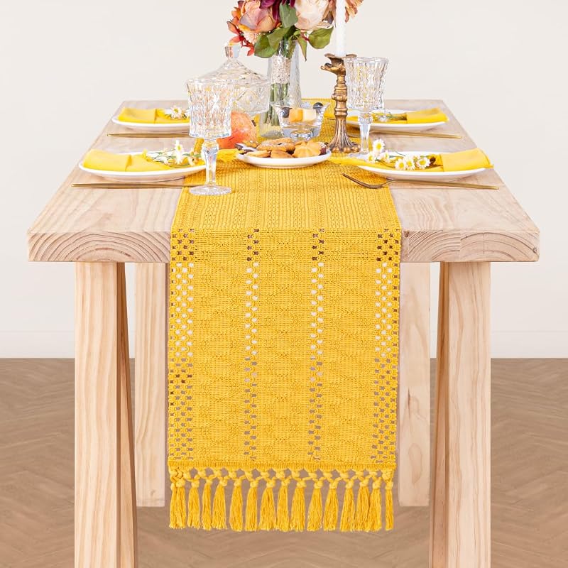 Mustard Yellow Macrame Table Runner 12 x 60 Inches with Tassels - Cotton Linen Blend, Boho Farmhouse Home Decor