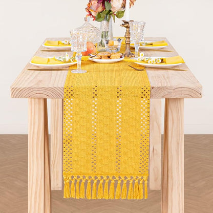 Mustard Yellow Macrame Table Runner 12 x 60 Inches with Tassels - Cotton Linen Blend, Boho Farmhouse Home Decor