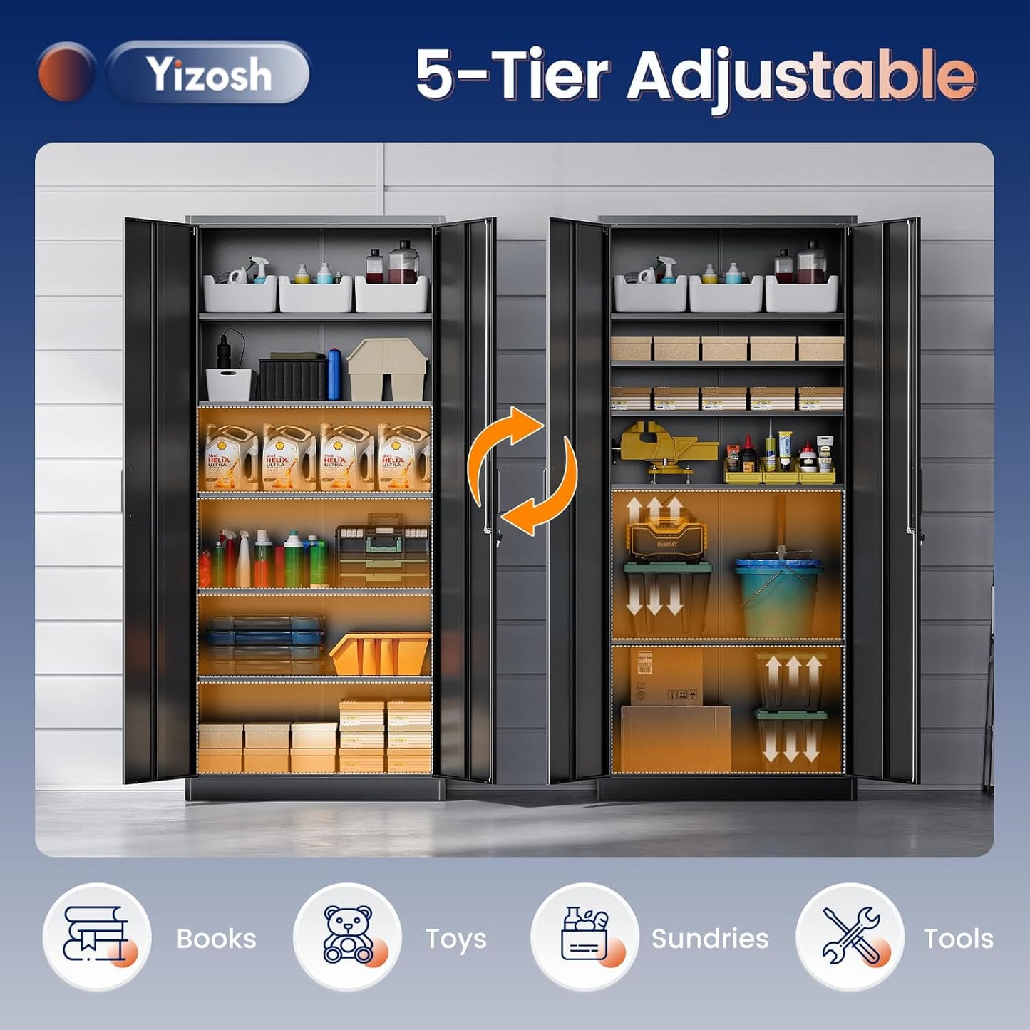 Yizosh Metal Storage Cabinet - 72" Lockable Garage Storage with 2 Doors & 5 Adjustable Shelves, Black Steel