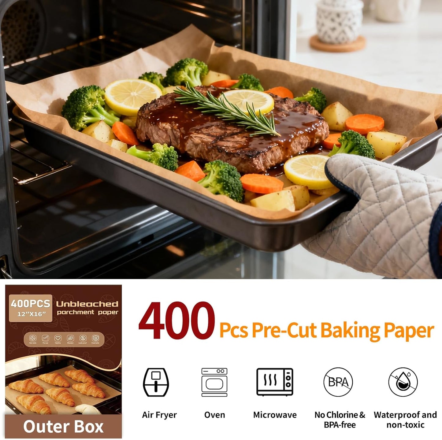 YUANYE Parchment Paper Baking Sheets - 400PCS Unbleached Precut 12"x16" Non-Stick for Oven & Air Fryer