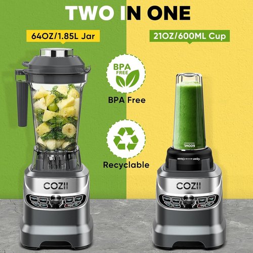 COZII 2000W Professional Kitchen Blender - Smoothies, Ice Crushing & Nut Milk | 64oz Pitcher & 21oz To-Go Cup, Dark Grey