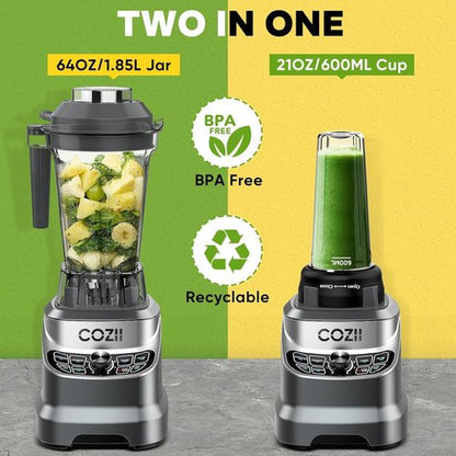 COZII 2000W Professional Kitchen Blender - Smoothies, Ice Crushing & Nut Milk | 64oz Pitcher & 21oz To-Go Cup, Dark Grey