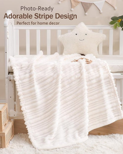 HOMRITAR White Baby Blanket for Boys Girls Super Soft Cozy Lightweight Toddler Blankets with Striped Design, Cute Fluffy Fleece Throws for Nursery Crib, 30 x 40 Inches