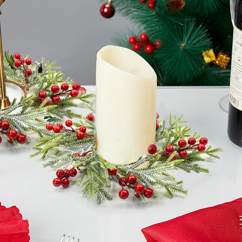 4Pcs Christmas Candle Ring Wreaths with Red Berries and Snowy Pine for Door, Window, Table