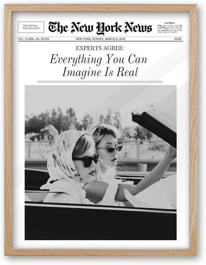 iHery Framed Newspaper Wall Art - "Everything You Can Imagine Is Real" | Natural Oak Wood 12x16in Canvas Decor for Bedroom & Living Room