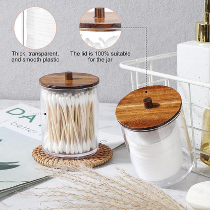 Temoyj Qtip Holder Dispenser Set - 10 oz Clear Plastic Apothecary Jars with Wood Lids for Makeup Storage | Bathroom Accessories