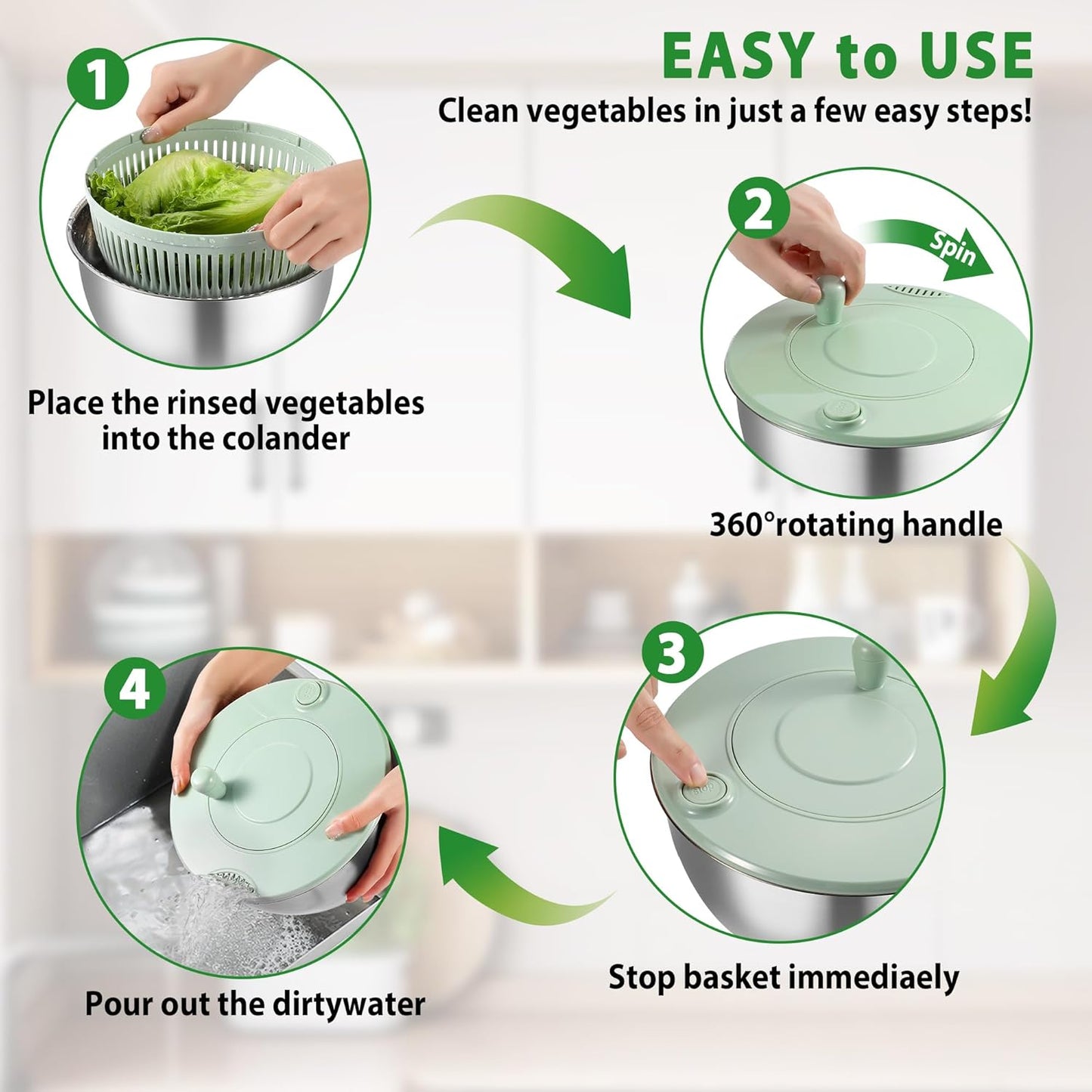 Salad Spinner - Stainless Steel 5.3-Quart Lettuce Washer with 5 Blades Slicer | Perfect for Healthy Home Cooking