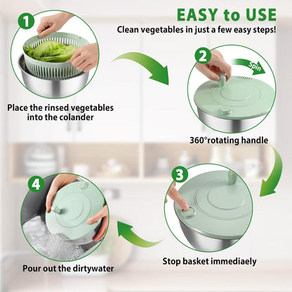 Salad Spinner - Stainless Steel 5.3-Quart Lettuce Washer with 5 Blades Slicer | Perfect for Healthy Home Cooking
