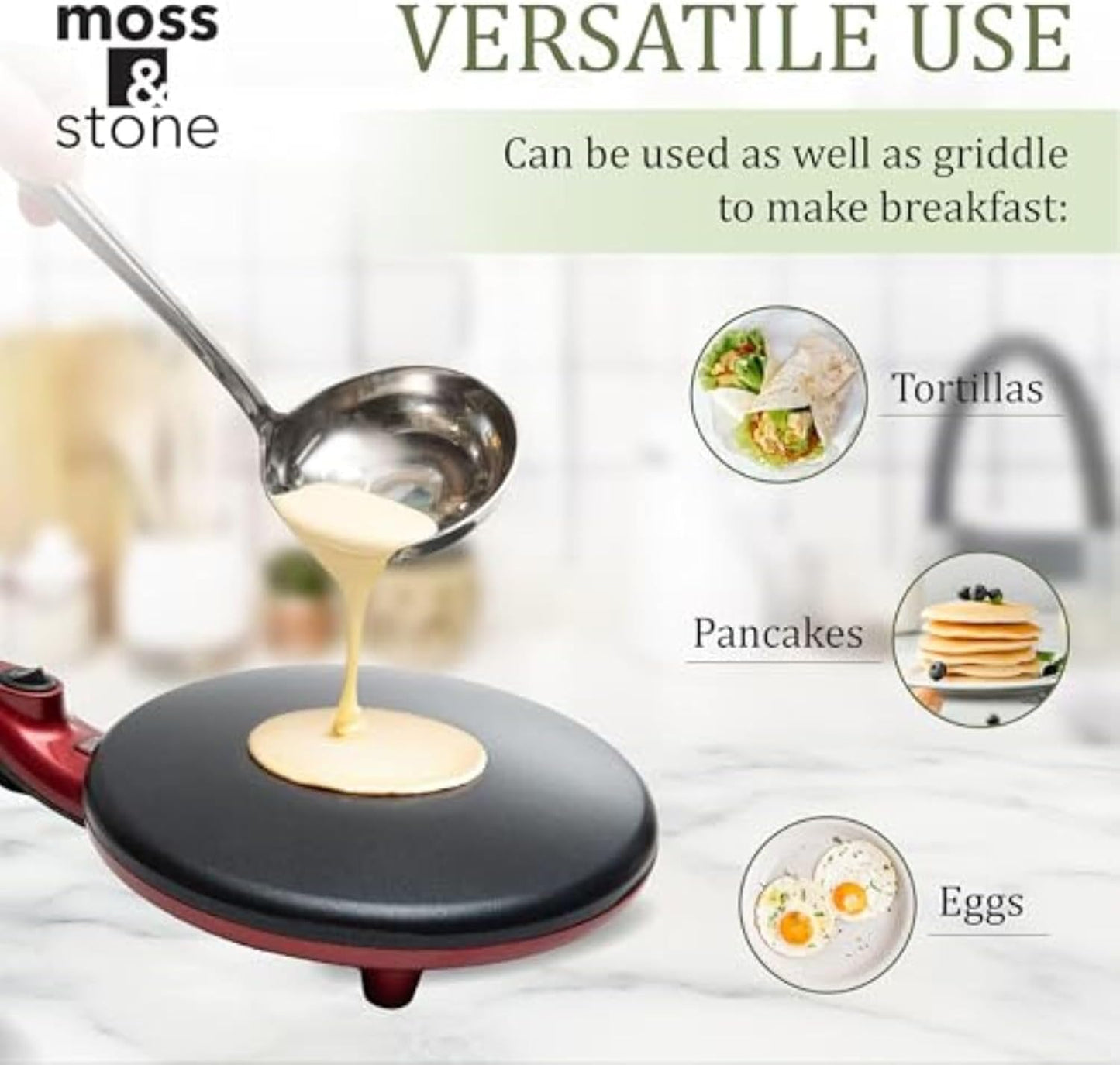 Moss & Stone Electric Crepe Maker - 8 Inch Nonstick Portable Hot Plate with Dual Temperature Control