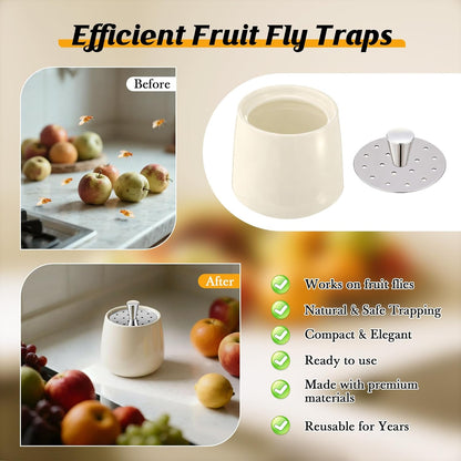 Skiennix Ceramic Fruit Fly Trap - Reusable Kitchen Fly Catcher with Stainless Steel Vent Lid | Dishwasher Safe, Easy to Use (White, 1 Pack)