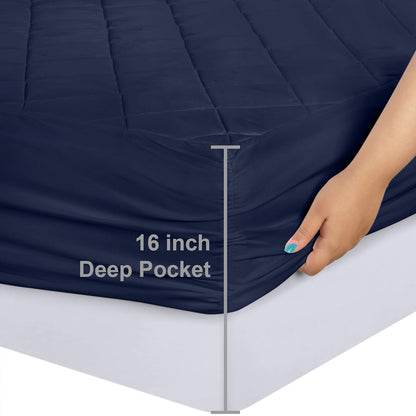 Utopia Bedding Quilted Fitted Mattress Pad - Full Size Deep Pocket Protector | Navy, Machine Washable