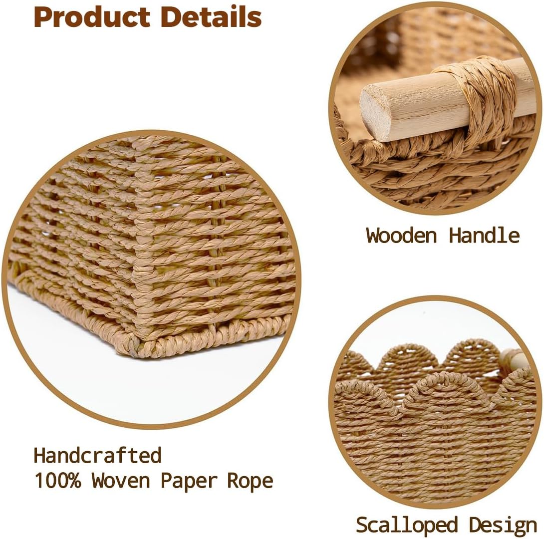 Paper Rope Scalloped Edge Toilet Paper Storage Basket - Small Living Room & Bedroom Decor with 2 Wooden Handles