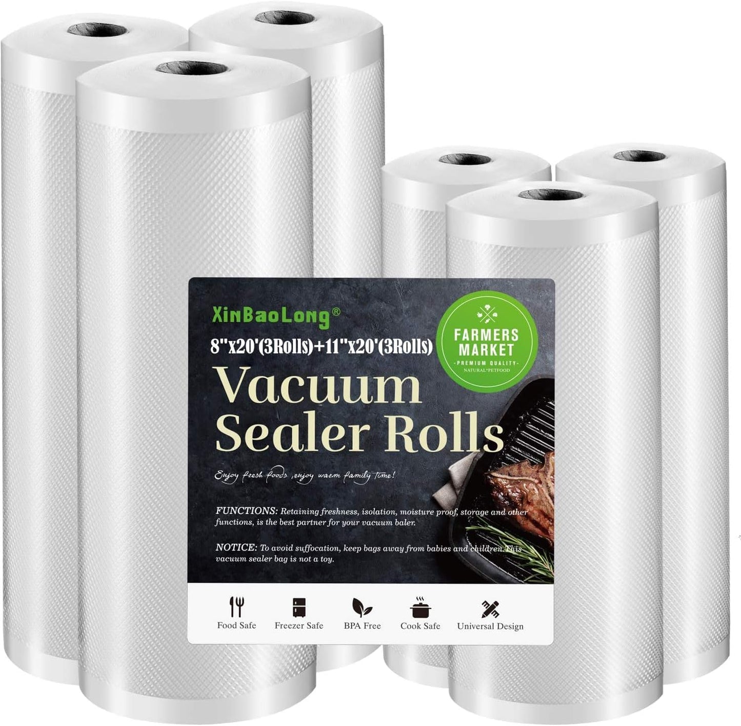 Vacuum Sealer Bags - Commercial Grade BPA-Free Rolls | 6 Pack: 3 Rolls 11" x 20' & 3 Rolls 8" x 20' - Durable Sous Vide Food Storage