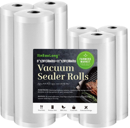 Vacuum Sealer Bags - Commercial Grade BPA-Free Rolls | 6 Pack: 3 Rolls 11" x 20' & 3 Rolls 8" x 20' - Durable Sous Vide Food Storage