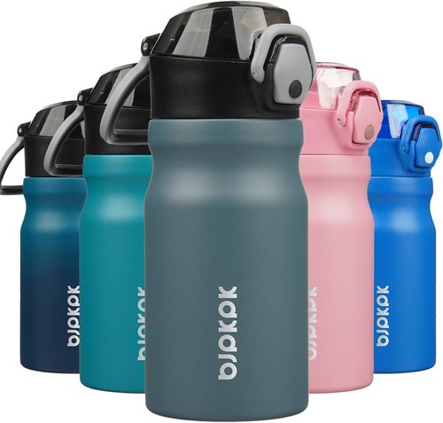 BJPKPK Insulated Water Bottle - 14oz Stainless Steel Flask with Straw & Carry Handle | Dark Grey