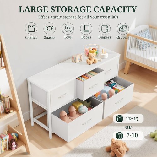 5-Drawer Dresser by [Brand Name] - Anti-Tip Fabric Chest with Wooden Top | Ideal Storage for Bedroom & Living Room, White