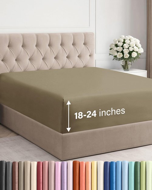Extra Deep Full Fitted Sheet - Hotel Luxury Single Fitted Sheet Only - Easily Fits 18 inch to 24 inch Mattress - Ultra Soft, Wrinkle Free w/Extra Deep Pockets - Easy-Care, Breathable & Comfy - Khaki