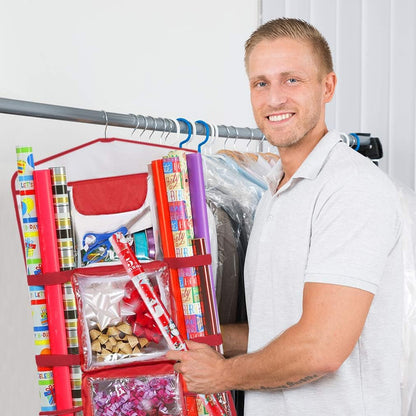 ProPik Wrapping Paper Storage Organizer - Double-Sided Design with Multiple Pockets | 40" x 17" Clear PVC Bag (Red)
