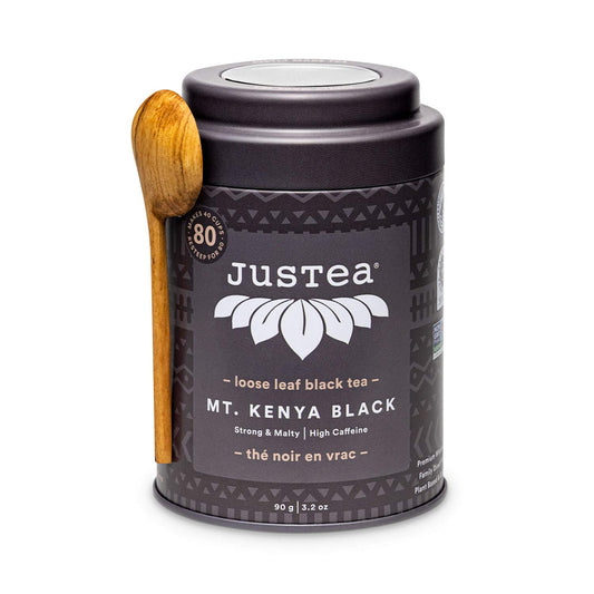 JusTea MT. KENYA BLACK | Loose Leaf Black Tea | Tin with Hand Carved Tea Spoon | 40+ Cups (3.2oz) | High Caffeine | Award-Winning | Fair Trade | Non-GMO