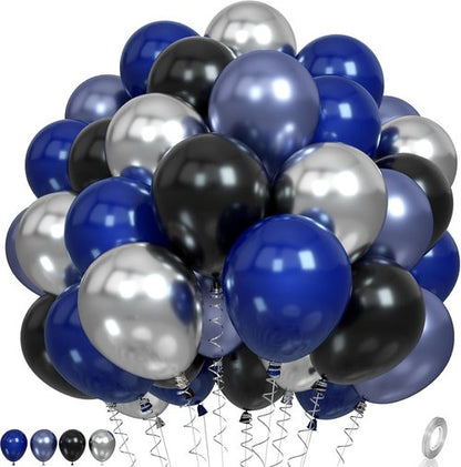 Blue & Black Balloons | Metallic Navy Blue & Silver Latex Balloons for Birthday Parties & Celebrations
