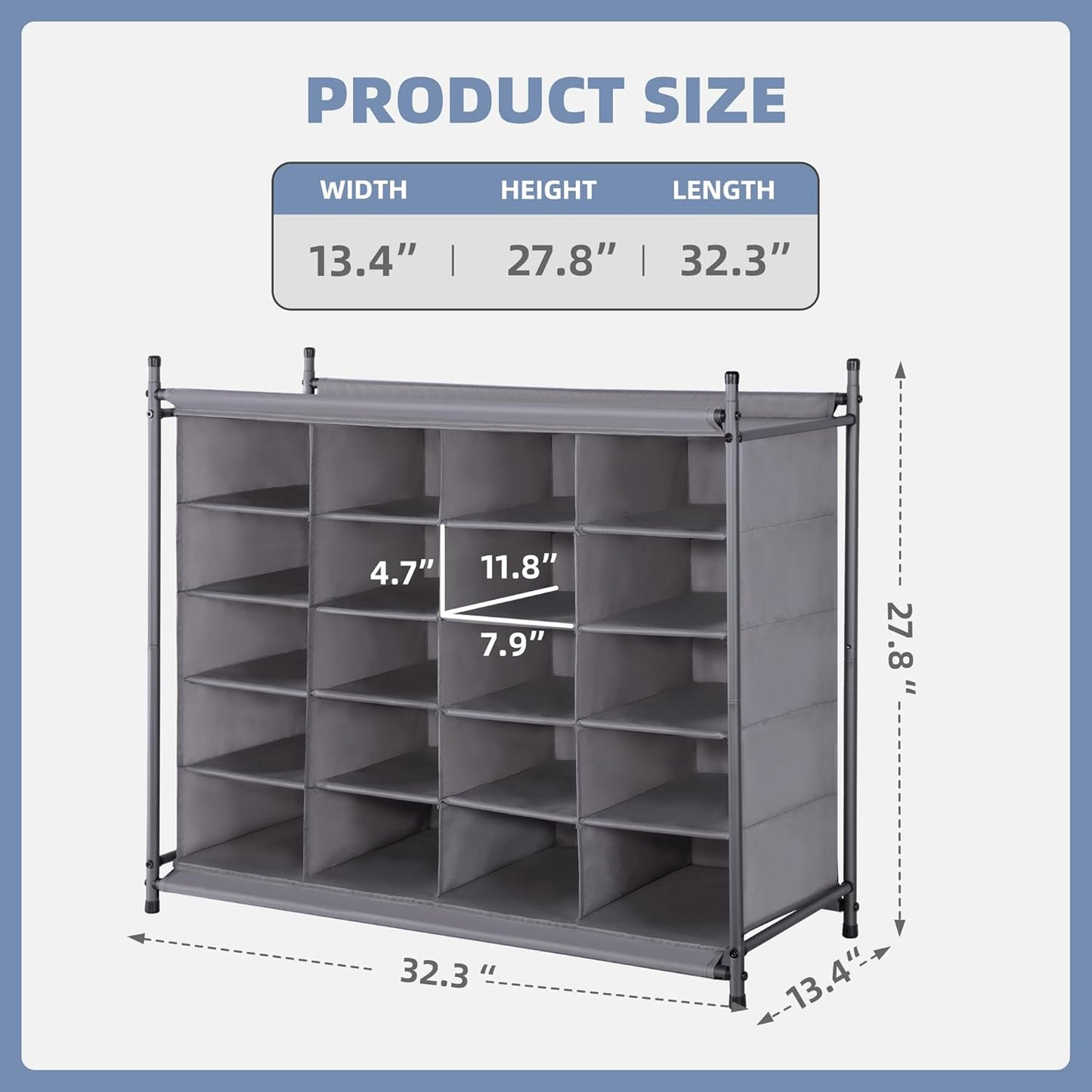 Storage Maniac Stackable Shoe Cubby Organizer - 20-Cube Free Standing Shoe Rack in Gray for Entryway & Bedroom