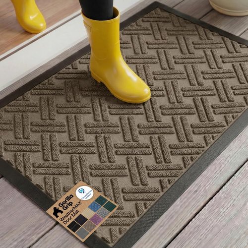 GORILLA GRIP Waterproof All-Season WeatherMAX Doormat - Natural Rubber, Stain & Fade Resistant, 29x17, Taupe Basket Weave