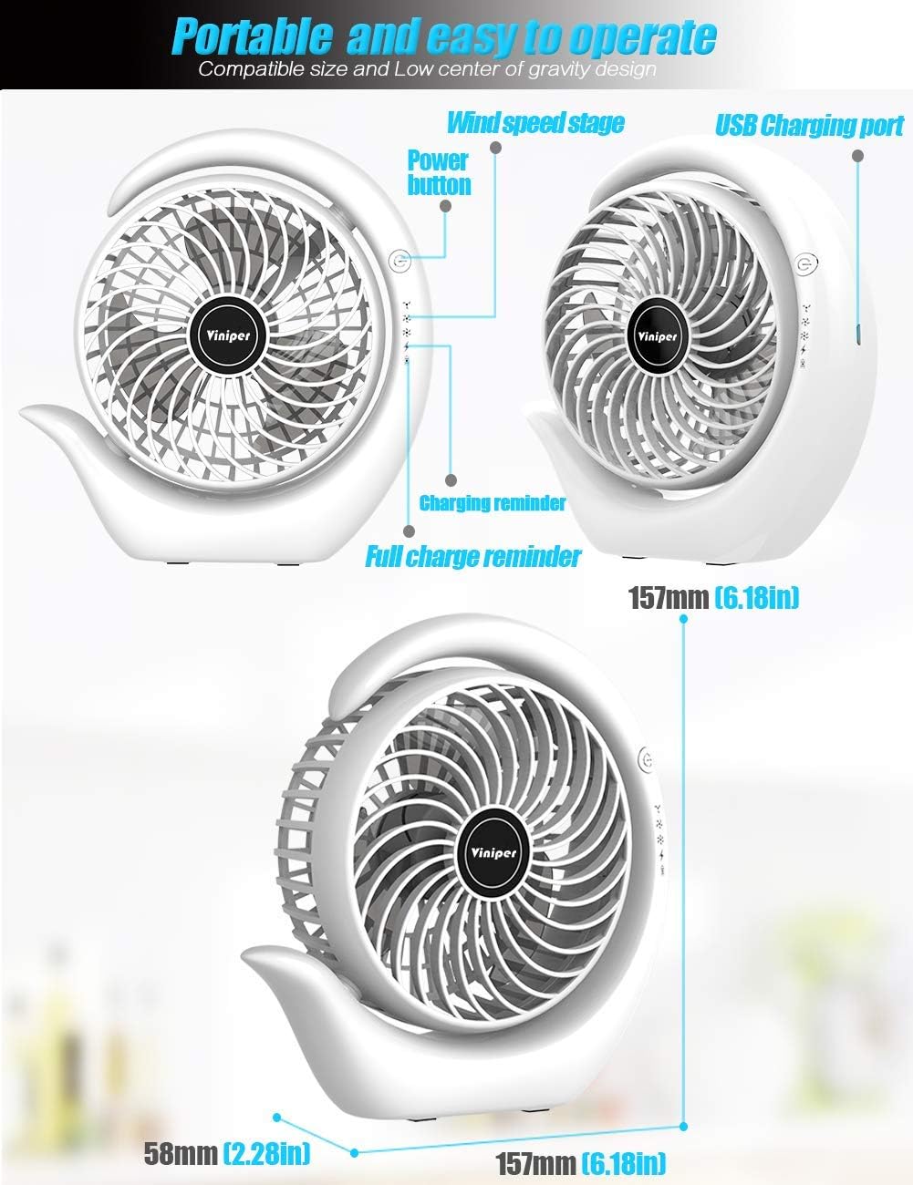 Viniper Portable Rechargeable Fan - Compact 3-Speed Desk Fan with 180° Rotation | 8-24 Hours Battery Life (Black)