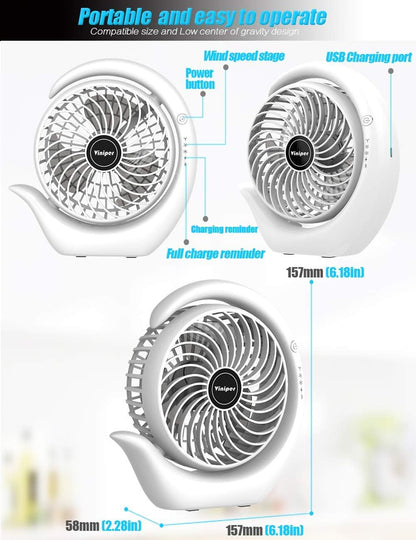 Viniper Portable Rechargeable Fan - Compact 3-Speed Desk Fan with 180° Rotation | 8-24 Hours Battery Life (Black)