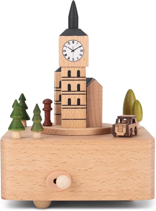 Cottage Garden Big Ben Car | Woodgrain 6-Inch Beech Wind-Up Musical Figurine