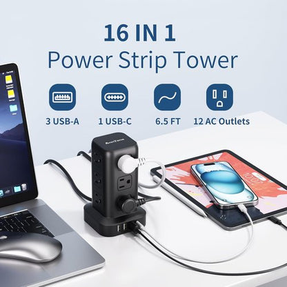 AnnTane Surge Protector Power Strip - 6.5 FT Cord with 4 USB Ports & 12 AC Outlets | Ideal for Home & Office