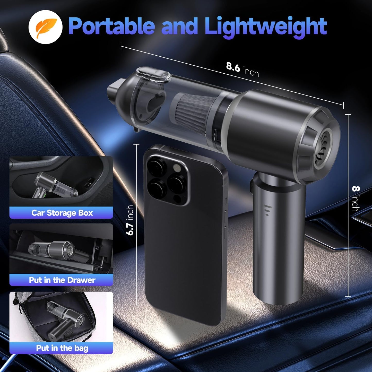 Skiennix Portable Cordless Car Vacuum - 24000PA High Power Suction, Mini Handheld Cleaner | Rechargeable & One-Touch Empty