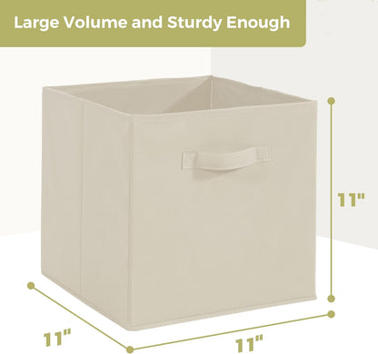 Skiennix 11x11 Storage Bins - Set of 8 Collapsible Fabric Organizers with Handles | Beige