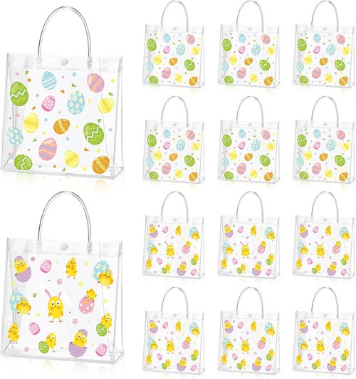 Hosuly 24 Pcs Easter Clear PVC Gift Bags with Handles Plastic Colorful Egg Favor Bags with Ribbon Easter Bunny Candy Goodie Handbags for Spring Birthday Party Supplies, 7.8 x 7.8 x 3.1 Inch