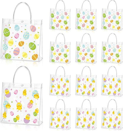 Hosuly 24 Pcs Easter Clear PVC Gift Bags with Handles Plastic Colorful Egg Favor Bags with Ribbon Easter Bunny Candy Goodie Handbags for Spring Birthday Party Supplies, 7.8 x 7.8 x 3.1 Inch